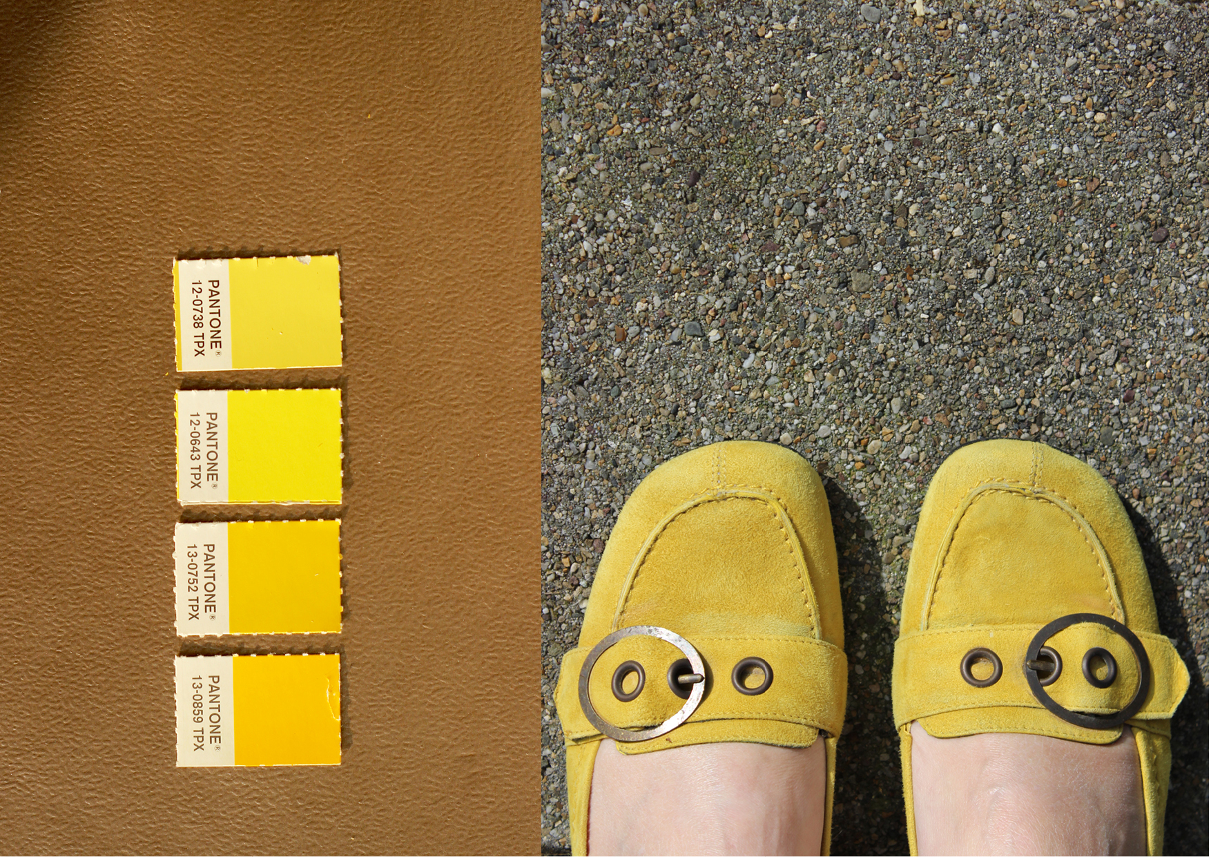 Modarium Geel moodboard 05 goud met pantone kleuren en gele schoentjes