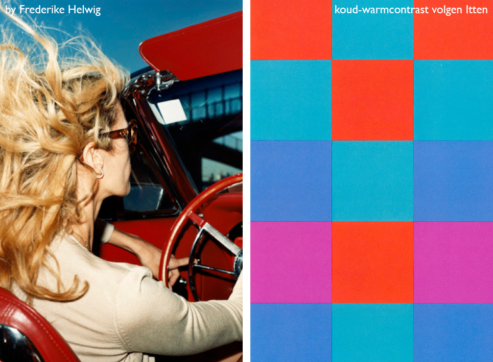 Vrouw in rode auto tegen heldere blauwe lucht naast kleurvlakken volgens Itten die het koud-warmcontrast illustreren