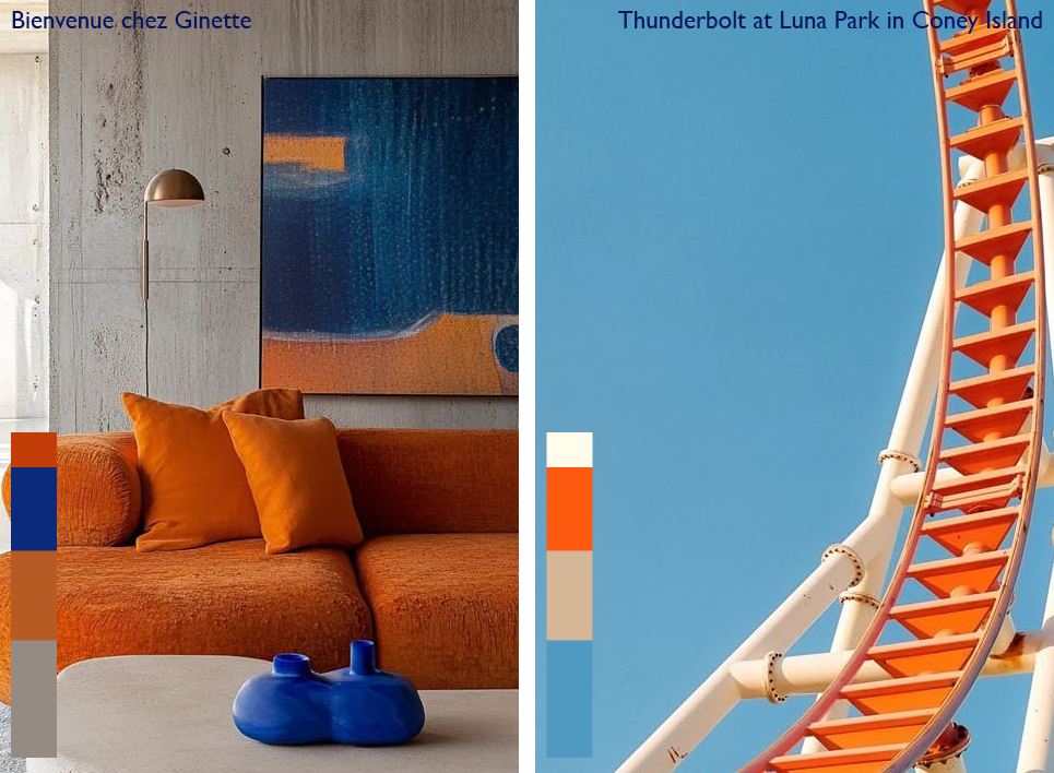 Interieur met beton, blauw en oranje gecombineerd met een oranje achtbaan tegen een helderblauwe lucht als voorbeeld van koud-warmcontrast