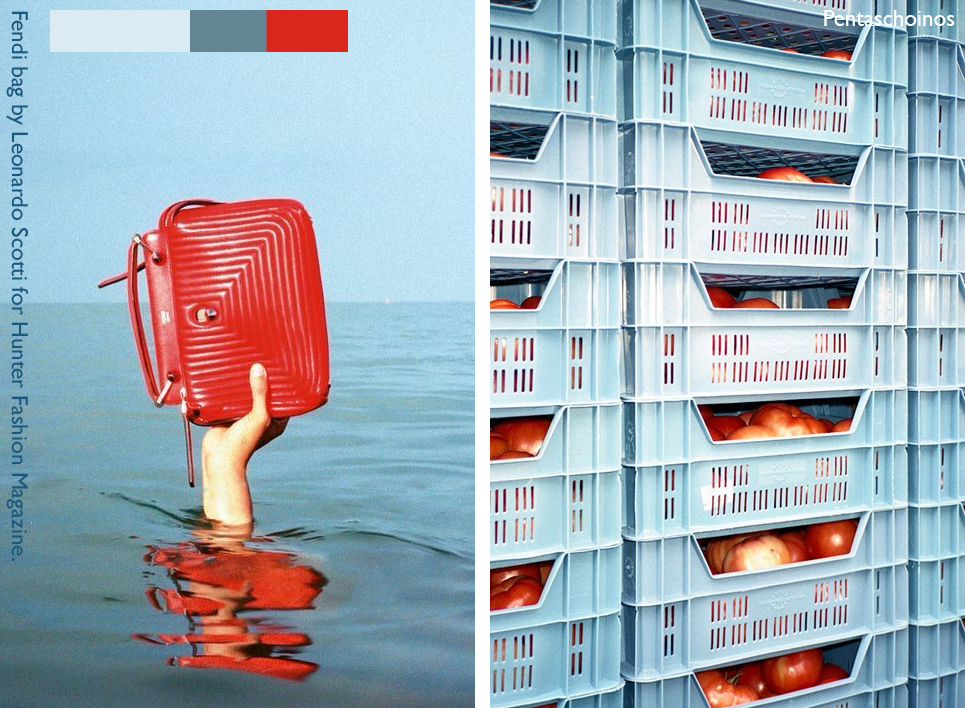Rode Fendi tas in water naast rode tomaten in lichtblauwe kratjes als sterk voorbeeld van koud-warmcontrast in mode en productfotografie
