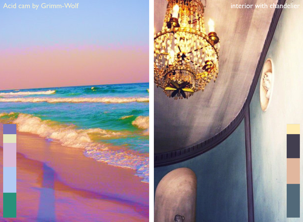 Turquoise kustlandschap tegenover een warm verlicht interieur met roze en oranje tinten als voorbeeld van temperatuurcontrast