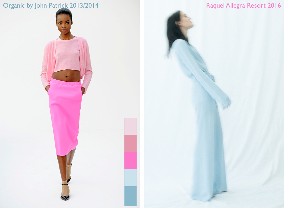 Modebeeld met een roze outfit en een lichtblauwe outfit als voorbeeld van koud-warmcontrast in mode