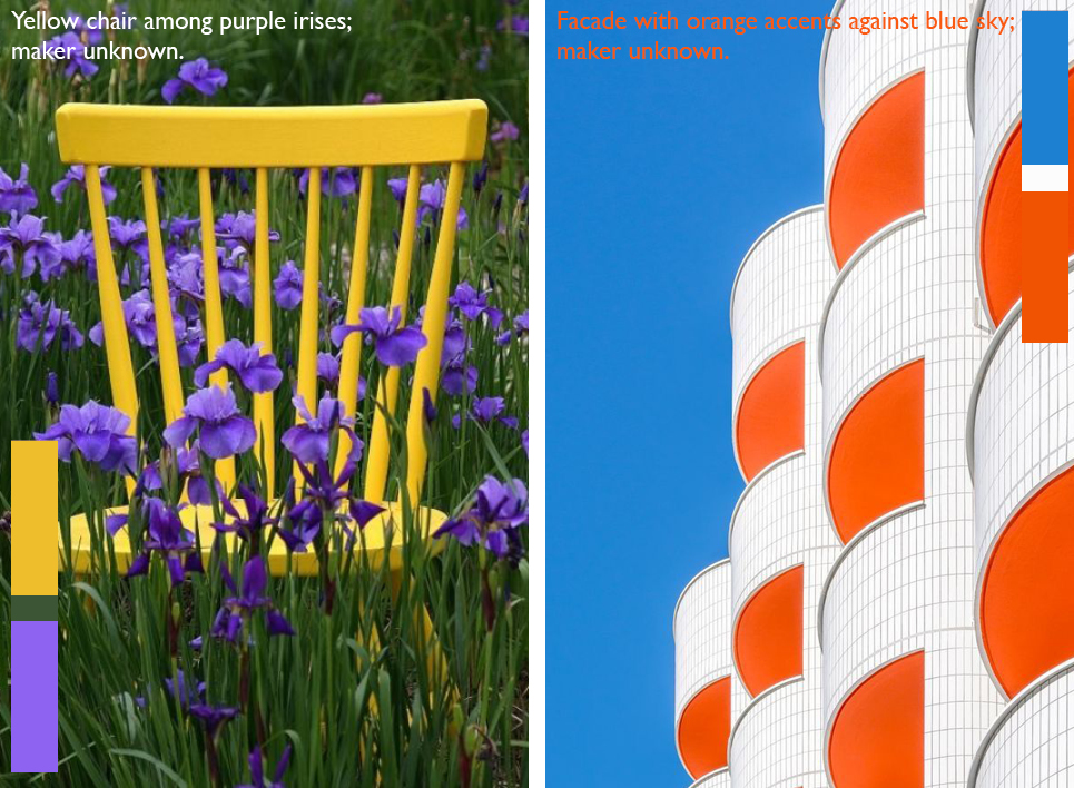 Gele stoel tussen paarse bloemen als voorbeeld van geel-paars complementair contrast en oranje gevelaccenten tegen blauwe lucht als voorbeeld van blauw-oranje contrast