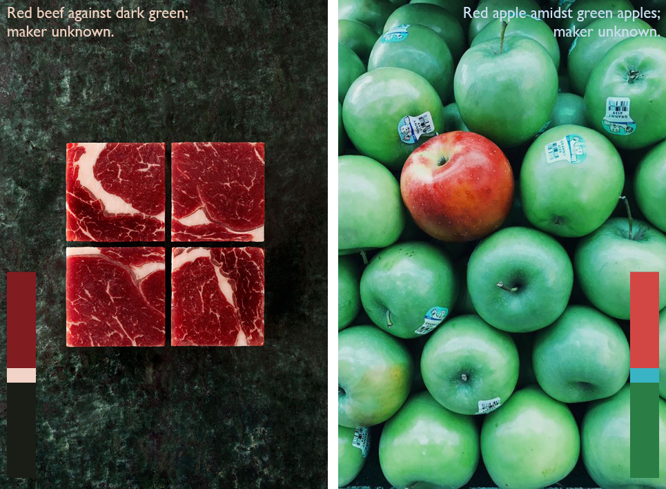 Rode kleur tegenover groene achtergrond als voorbeeld van rood-groen complementair contrast