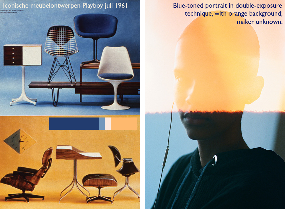 Designvoorbeeld met blauw-oranje kleurcontrast in interieur en fotografie