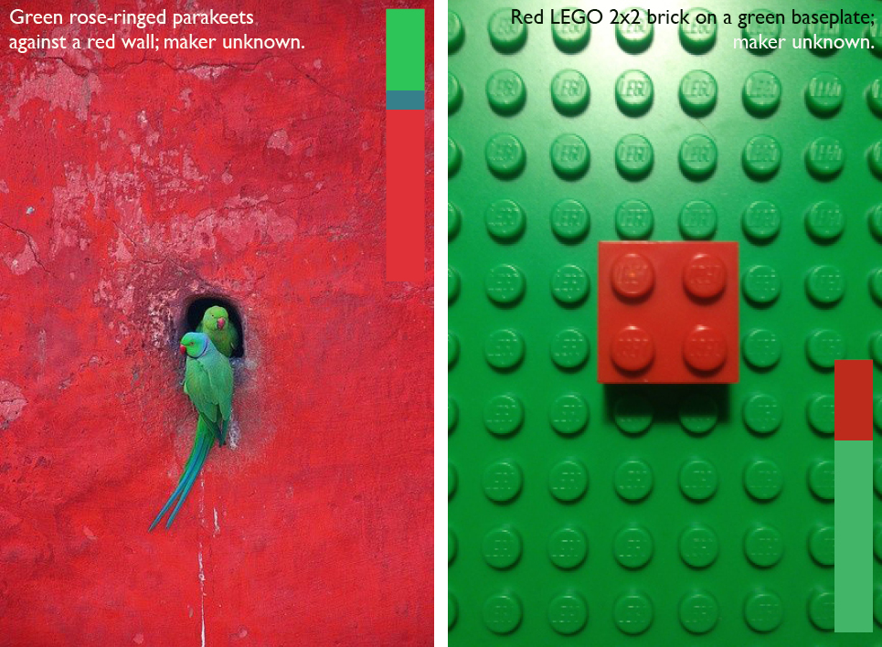 Groene vogels tegen rode achtergrond als voorbeeld van complementaire kleurwerking
